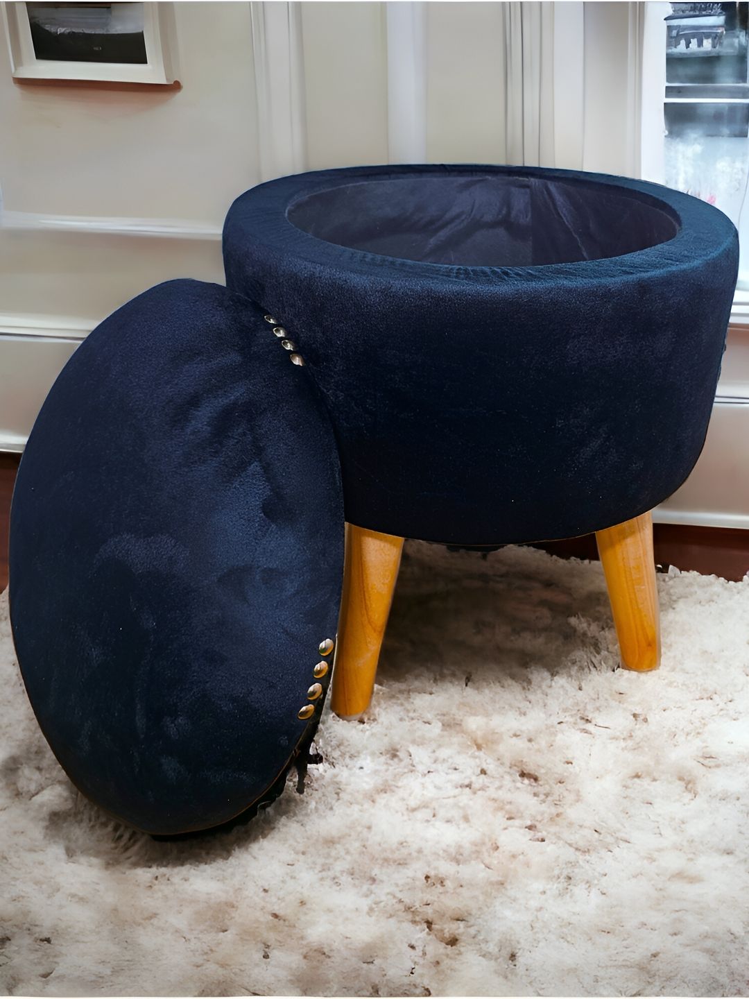 Shadowkart Blue Wooden Pouffes Sitting Mudda Ottomans