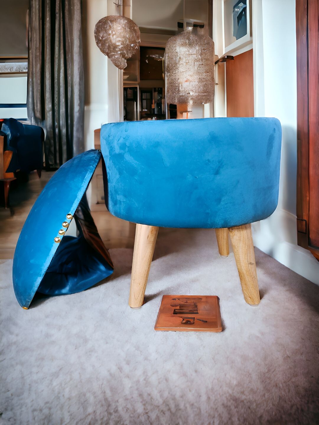 Shadowkart Blue Wooden Pouffes Sitting Mudda Ottomans