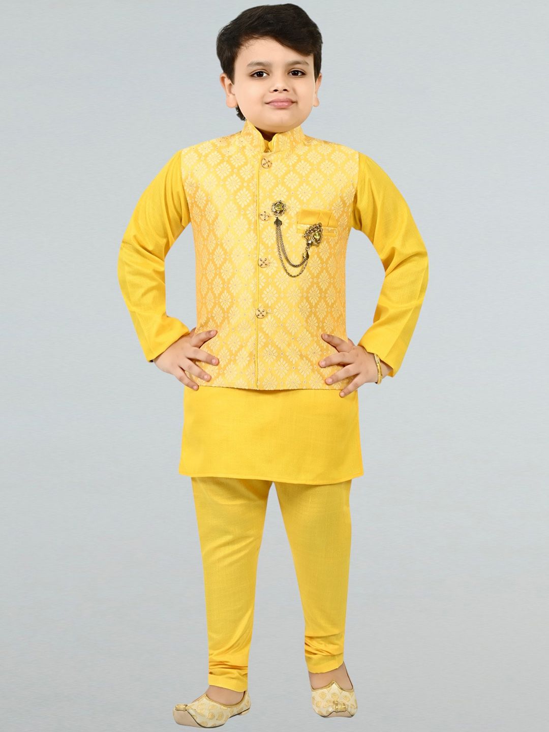 BT DEZINES Boys Regular Raw Silk Mandarin Collar Kurta with Churidar With Waistcoat