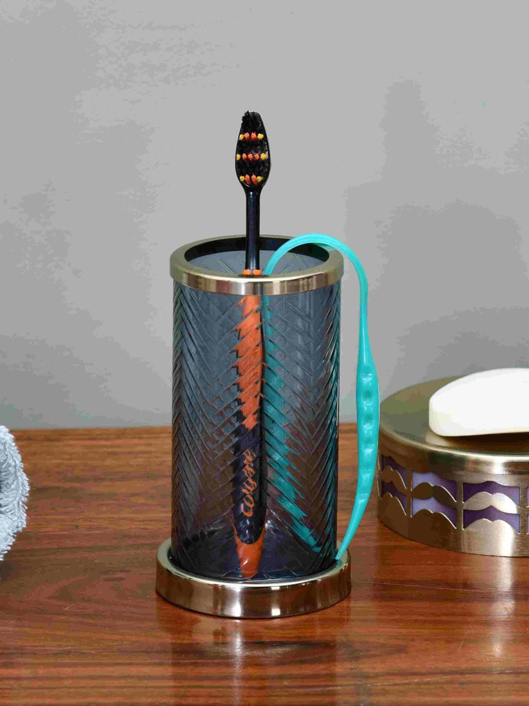 Athome by Nilkamal Blue & Gold Toned Geometric Glass Toothbrush Holder