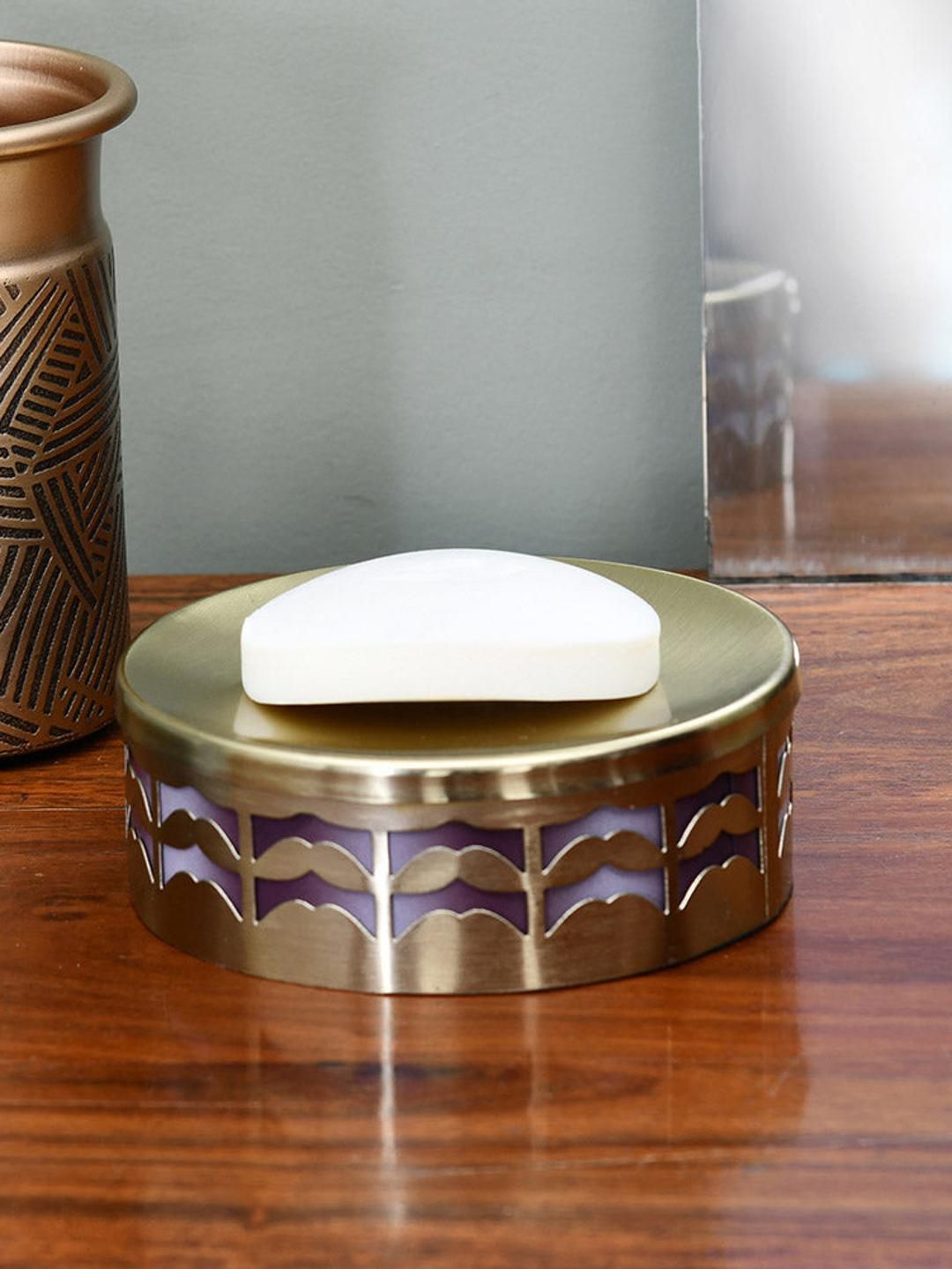 Athome by Nilkamal Gold Toned Textured Round Metal Soap Dish