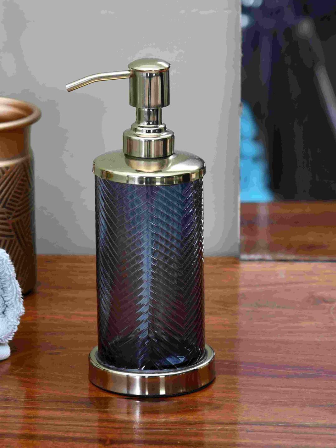 Athome by Nilkamal Blue & Gold Toned Geometric Glass Soap Dispenser