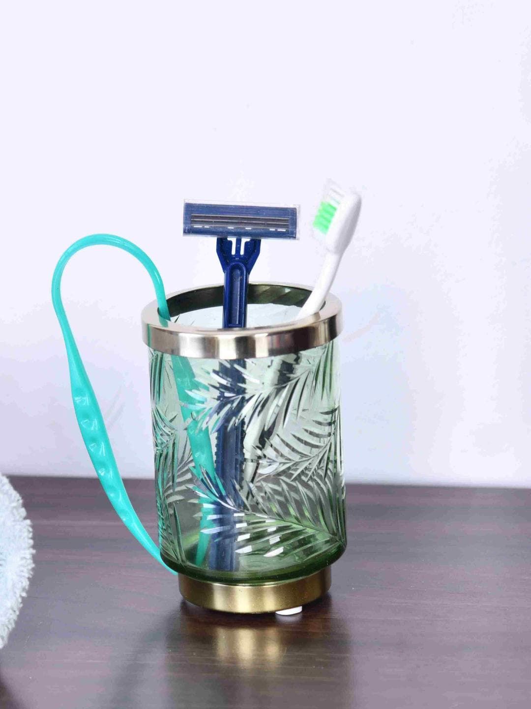 Athome by Nilkamal Gold Toned & Transparent Floral Glass Toothbrush Holder