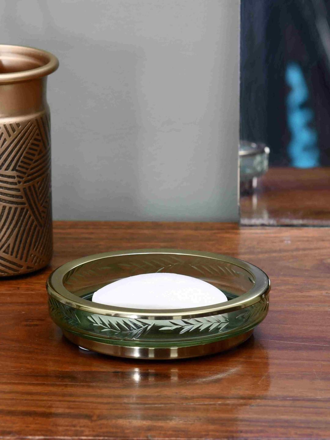 Athome by Nilkamal Green & Gold Toned Transparent Glass Soap Dish