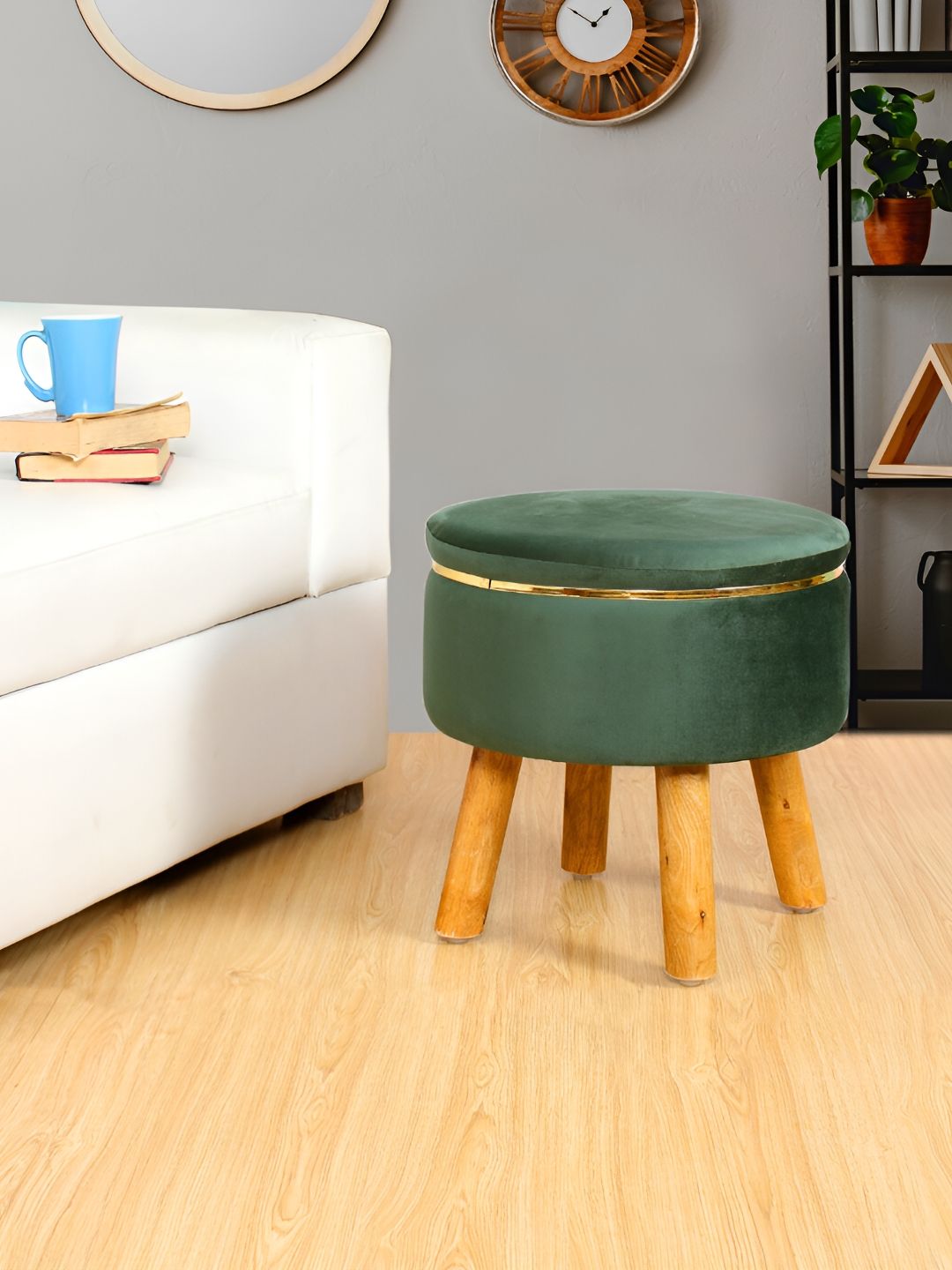 Shadowkart Green & Beige Wooden Pouffes Sitting Mudda Ottomans