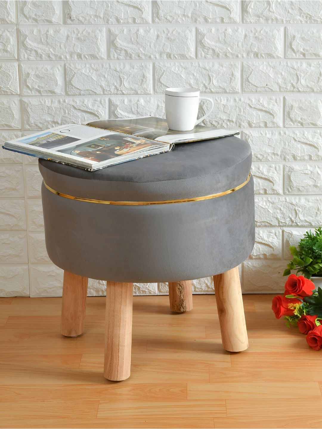 Shadowkart Grey & Beige Wooden Pouffes Sitting Mudda Ottomans