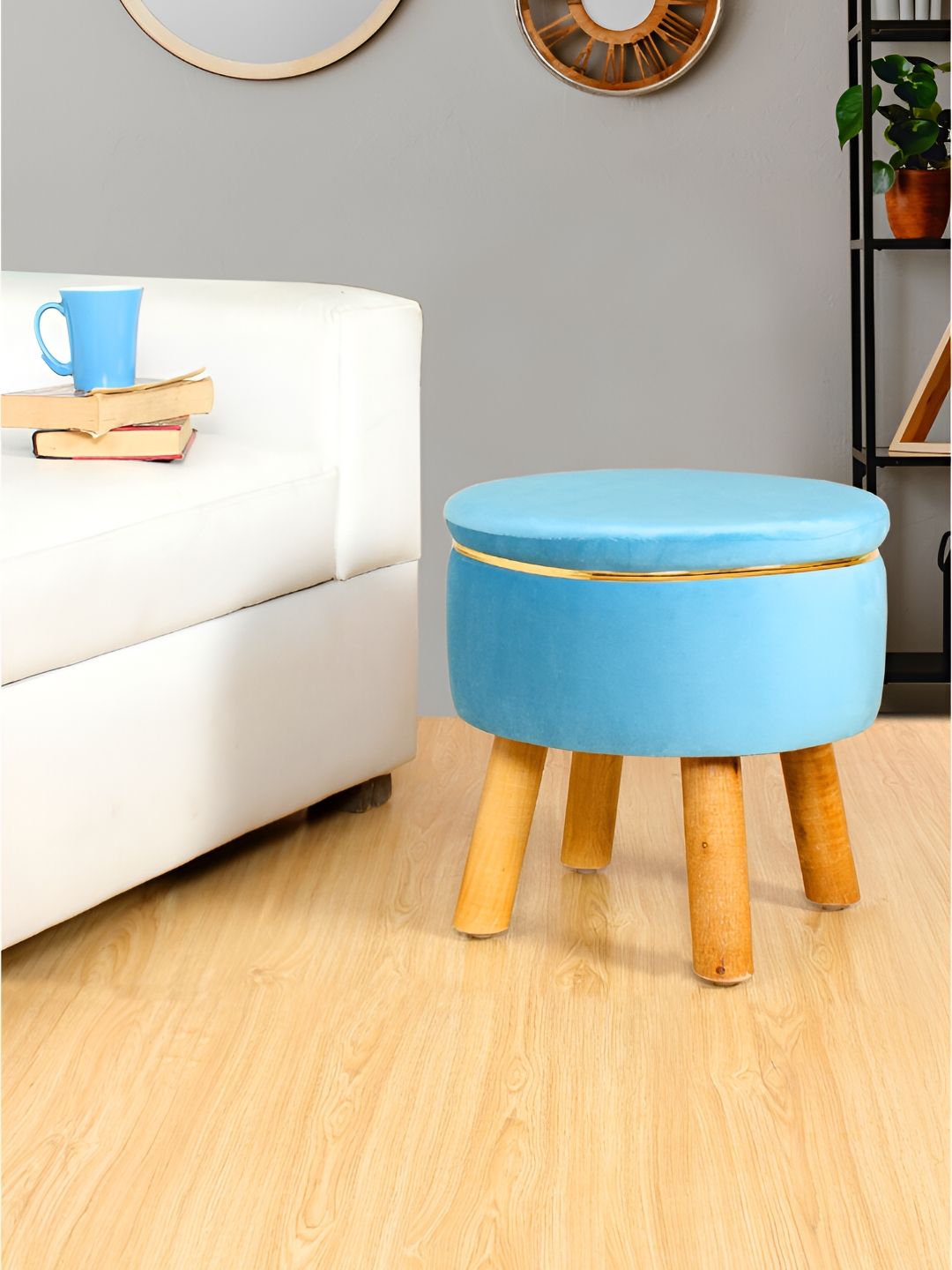 Shadowkart Blue Wooden Pouffes Sitting Mudda Ottomans