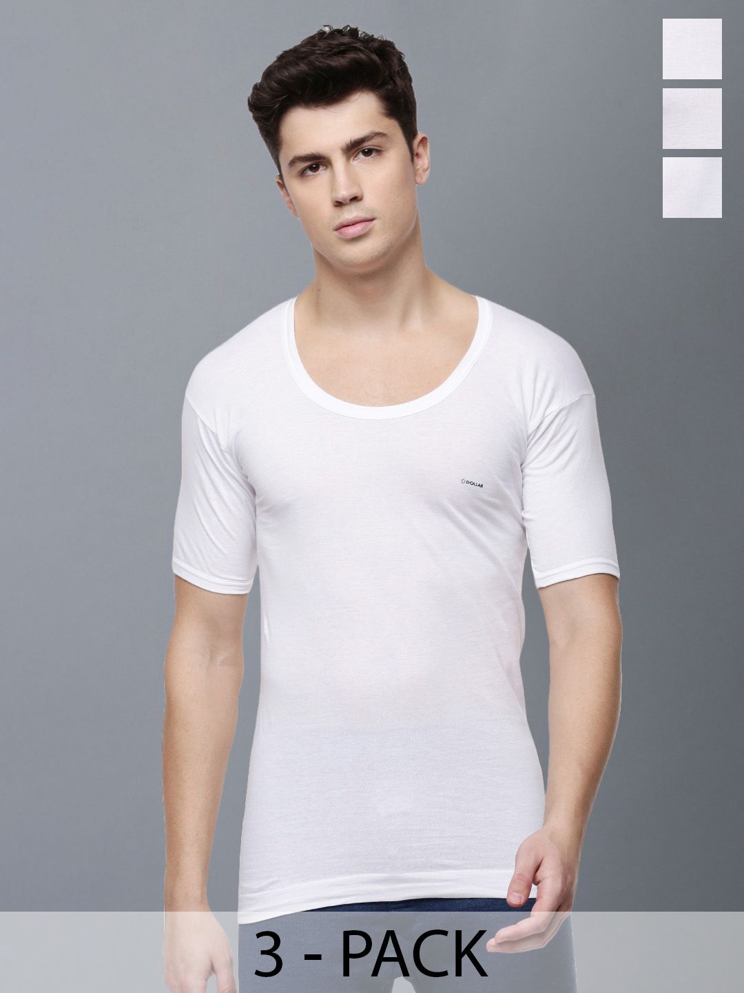Dollar Lehar Men Combed Cotton Round Neck With Sleeve Vest -Pack of 3- White