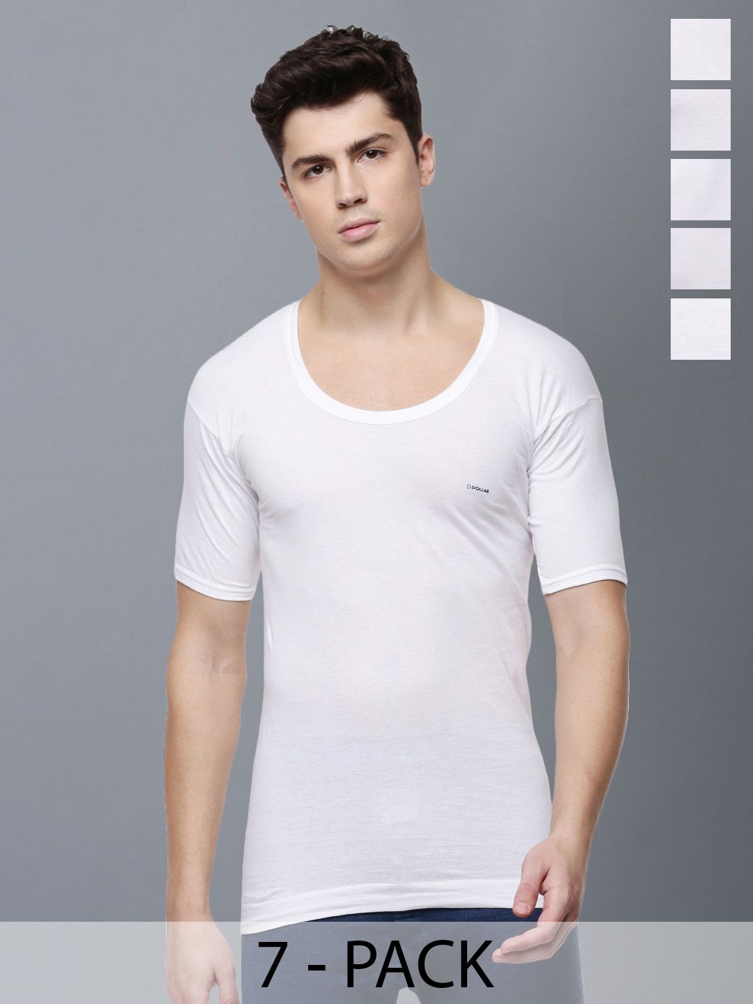 Dollar Lehar Men Combed Cotton Round Neck With Sleeve Vest -Pack of 7- White
