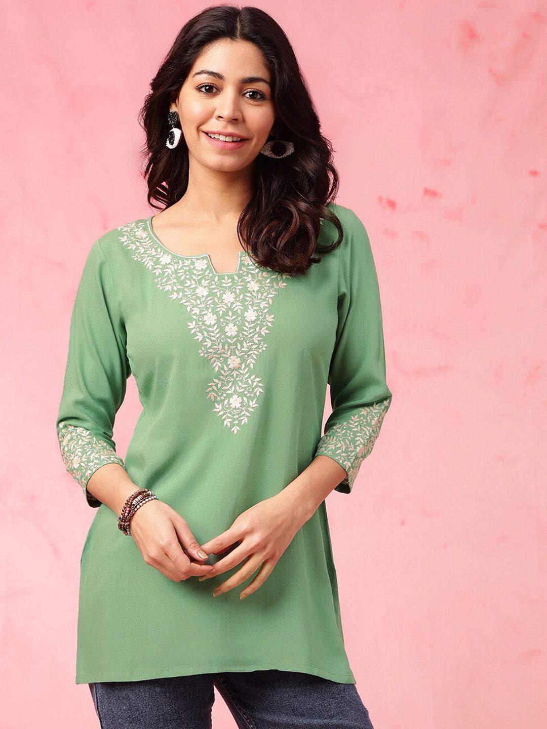 Anouk X fwd Women Floral Embroidered Keyhole Neck Flared Sleeves Thread Work Liva Republic Day Republic Day Kurta