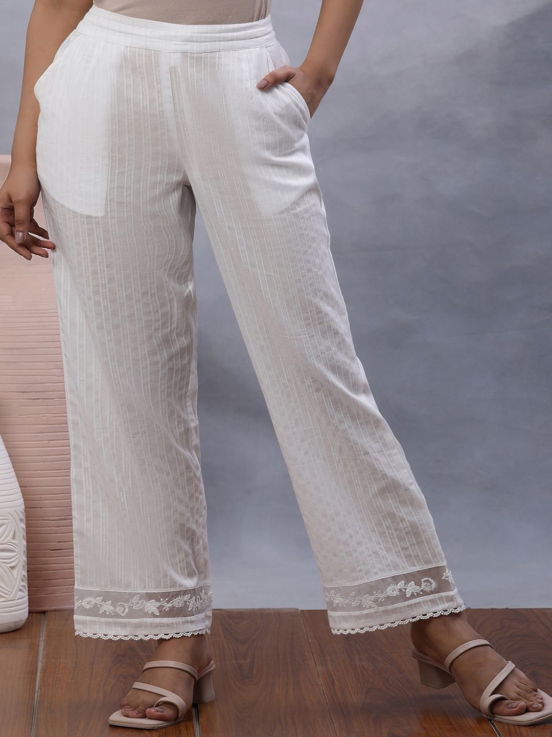 Buy W Women Self Design Straight Fit Trouser - Trousers for Women
