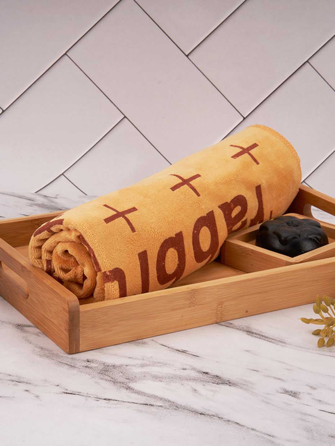 Aura Yellow & Brown Printed 400 GSM Microfiber Absorbent UltraSoft Anti-Fade Bath Towel