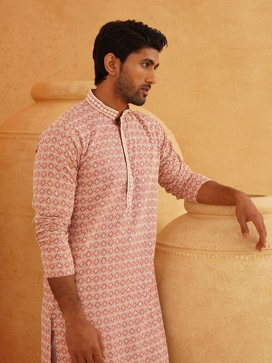 SOJANYA Geometric Embroidered Mandarin Collar Straight Pure Cotton Kurta