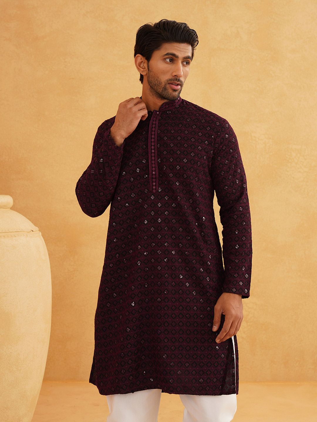 SOJANYA Ethnic Motifs Embroidered Mandarin Collar Sequined Pure Cotton Straight Kurta