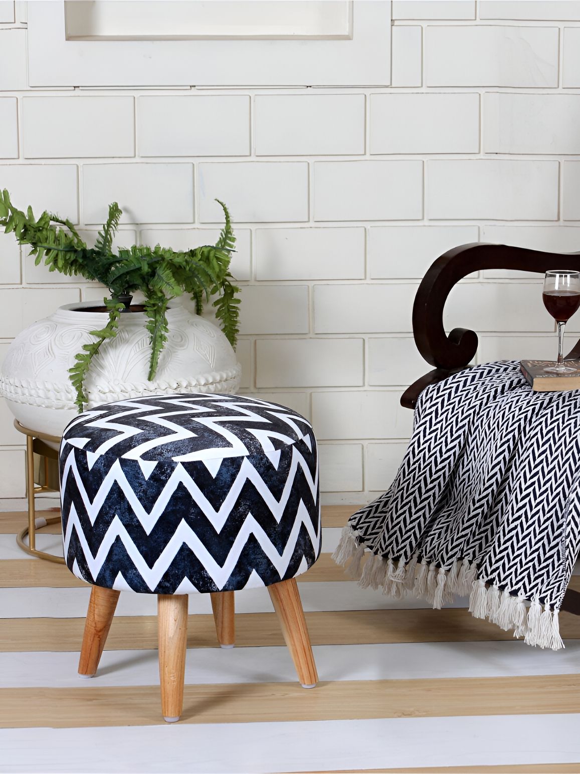 Shadowkart Navy Blue & White Printed Pouffes Sitting Ottomans