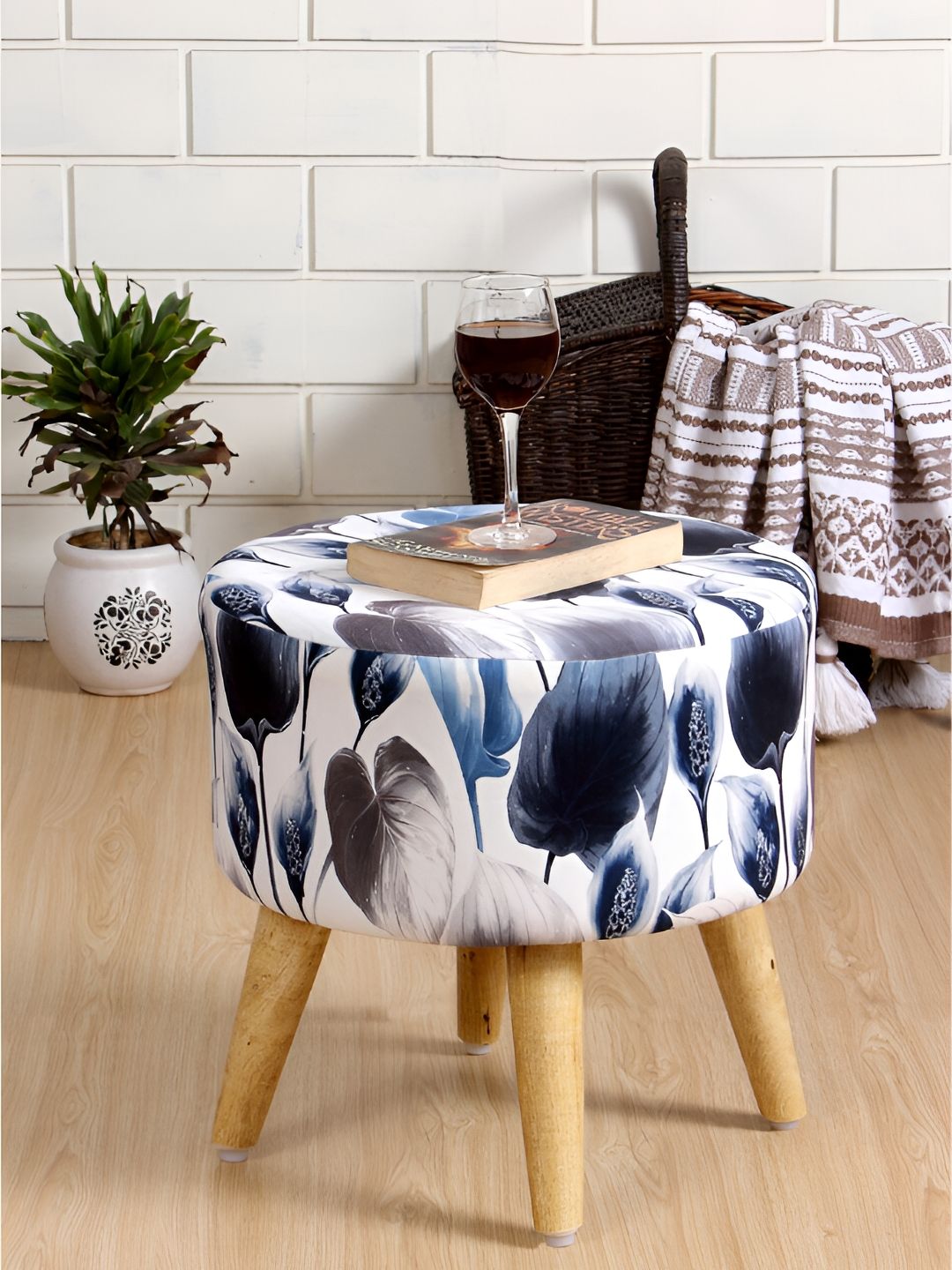 Shadowkart White & Blue Velvet & Wooden Round Ottoman