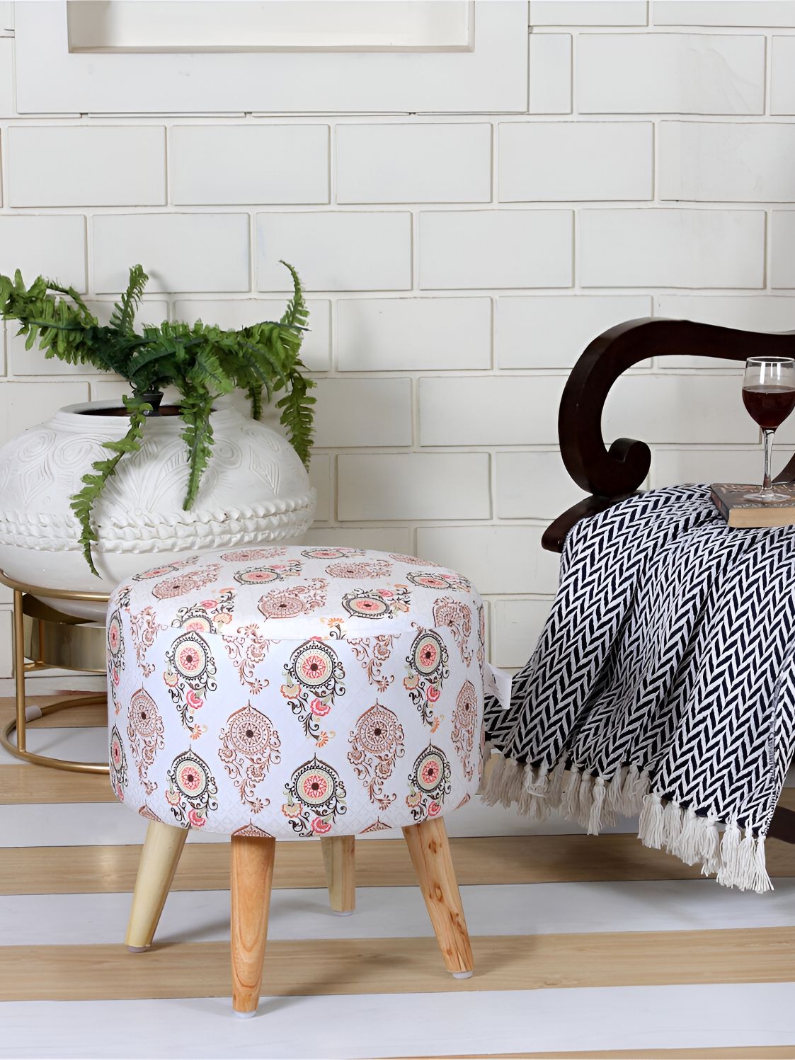 Shadowkart White & Brown Printed Pouffes Sitting Ottomans