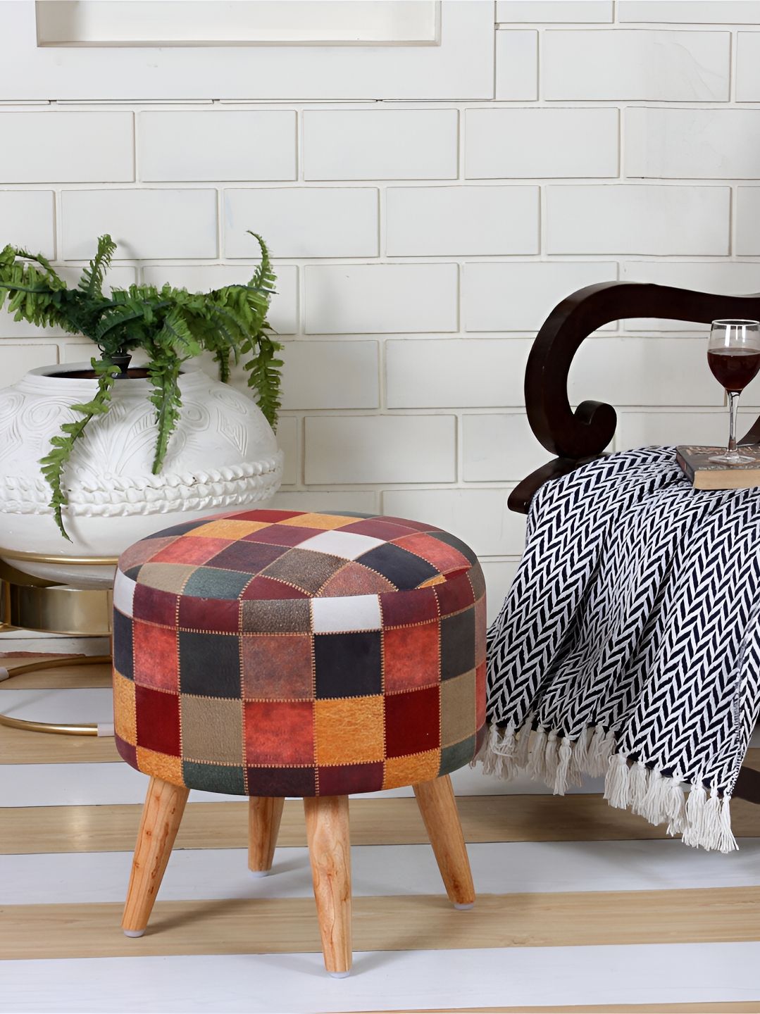 Shadowkart Maroon & Blue Printed Wooden & Velvet Round Ottoman