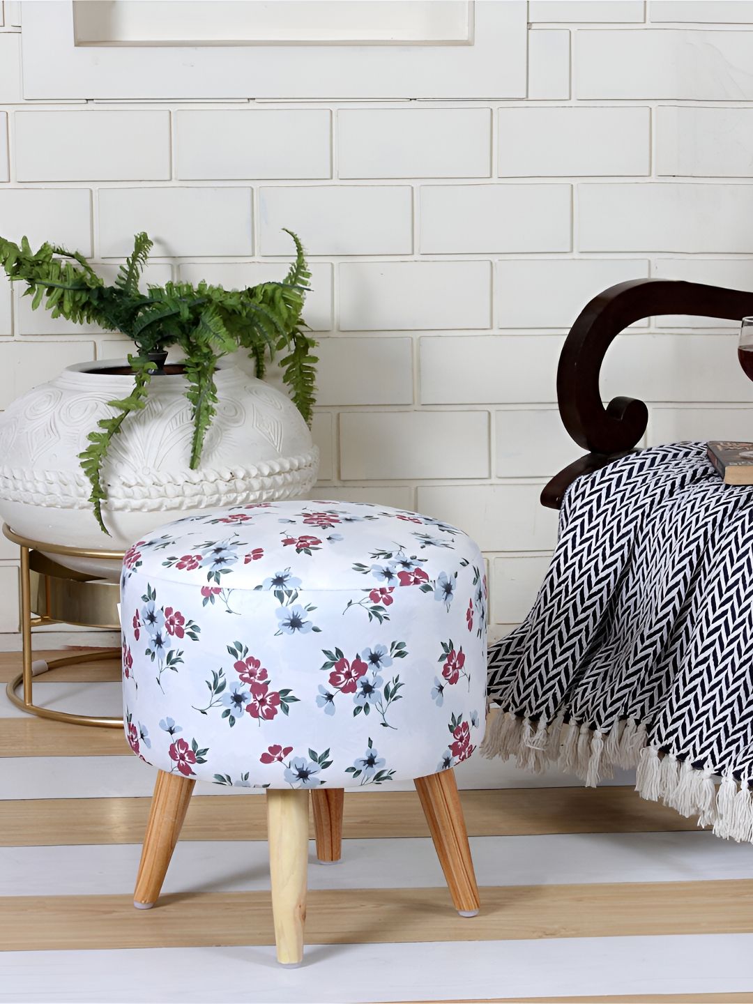 Shadowkart White & Green Printed Pouffes Sitting Ottoman