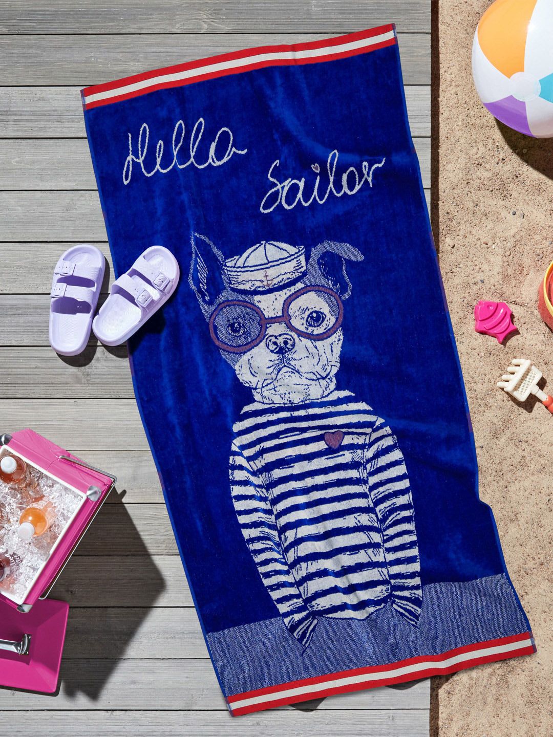 MYTRIDENT Blue & White Printed Cotton 450 GSM Beach Bath Towel