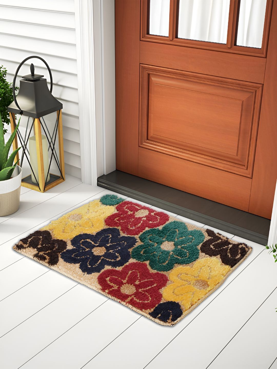 FABINALIV Beige & Yellow Floral Anti-Skid Doormat