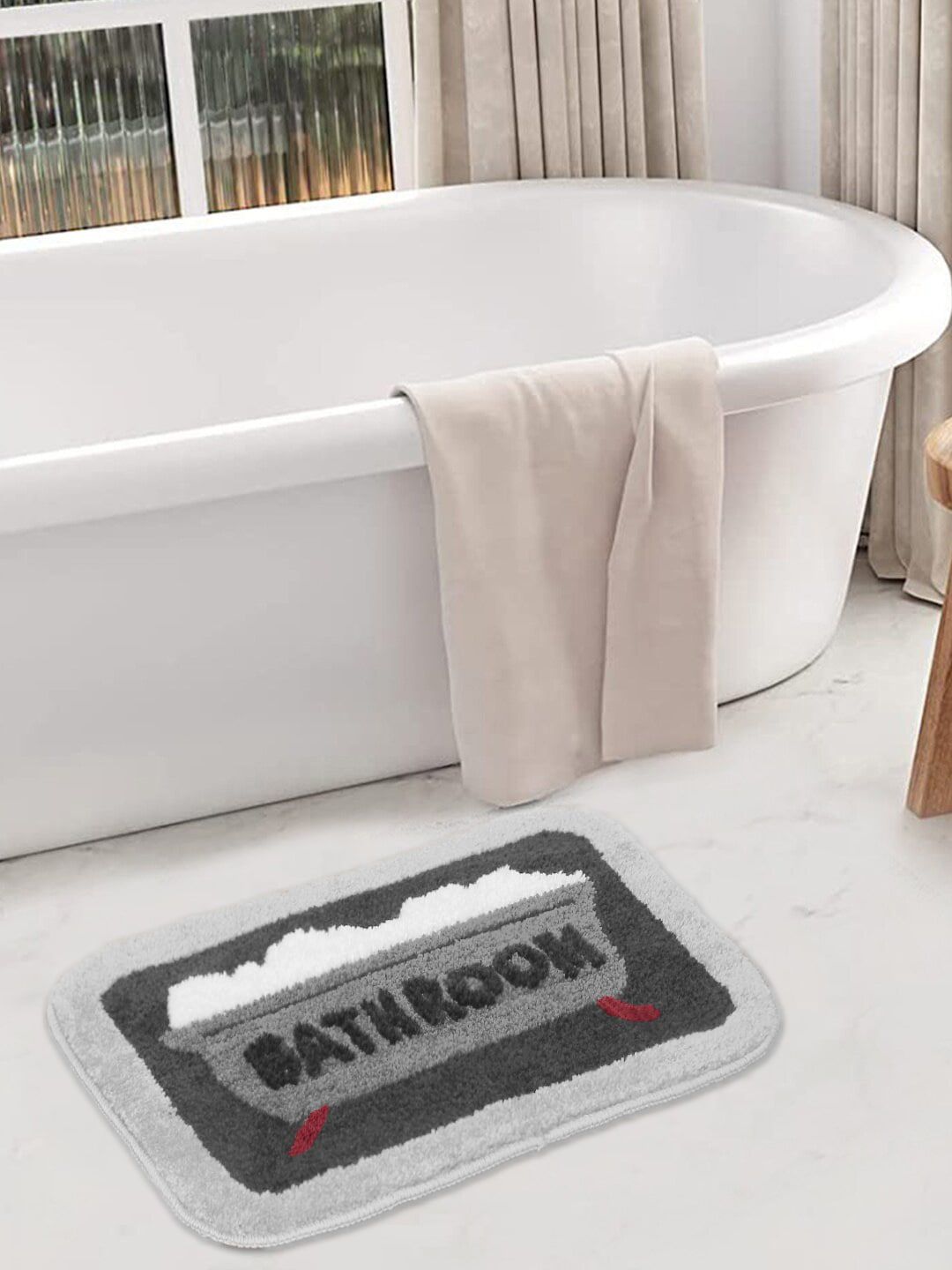 FABINALIV Grey & White Abstract Anti Skid 1600 GSM Bath Rug