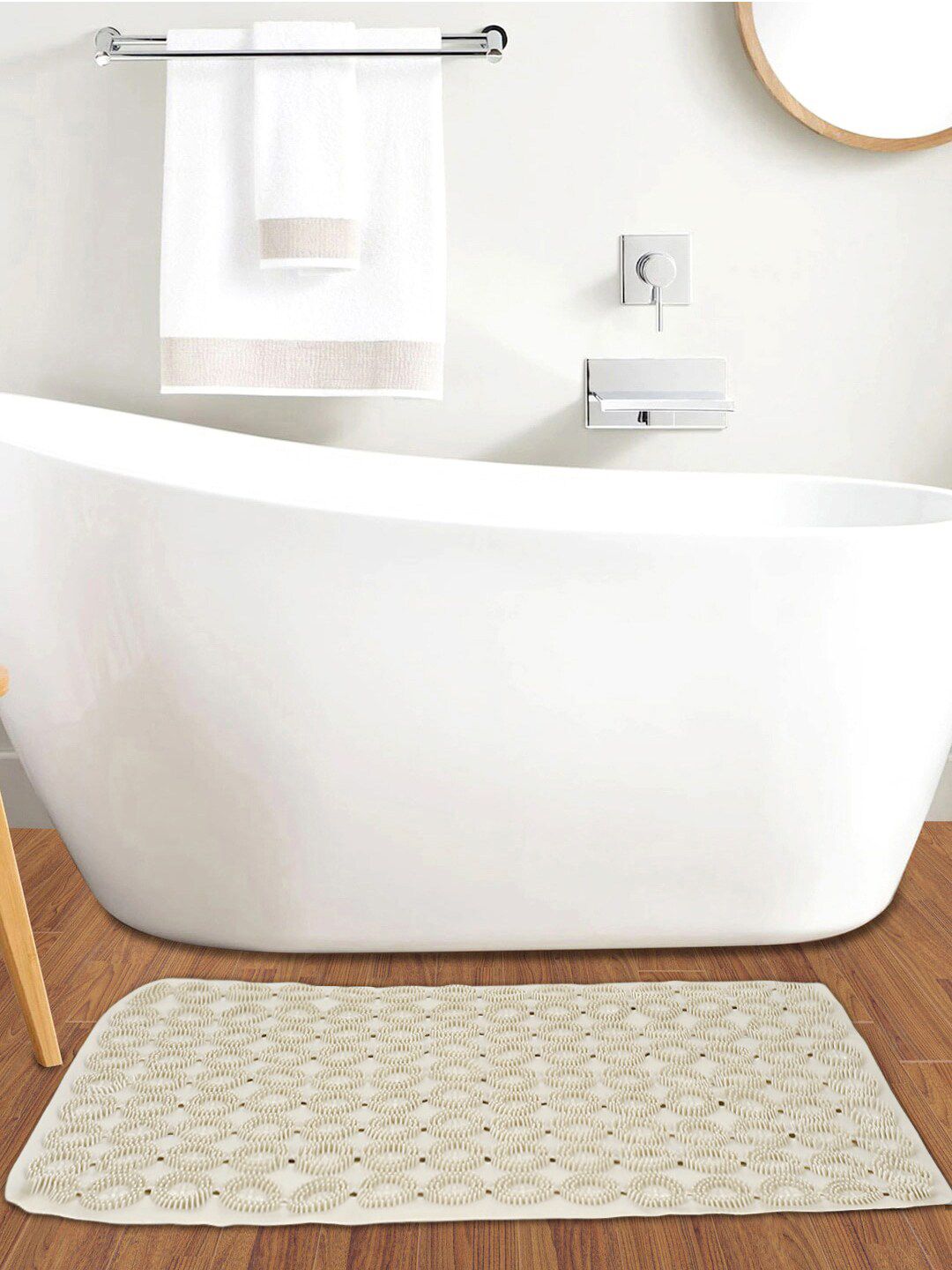 FABINALIV Beige Geometric Anti-Skid Shower Mat with Suction Cups