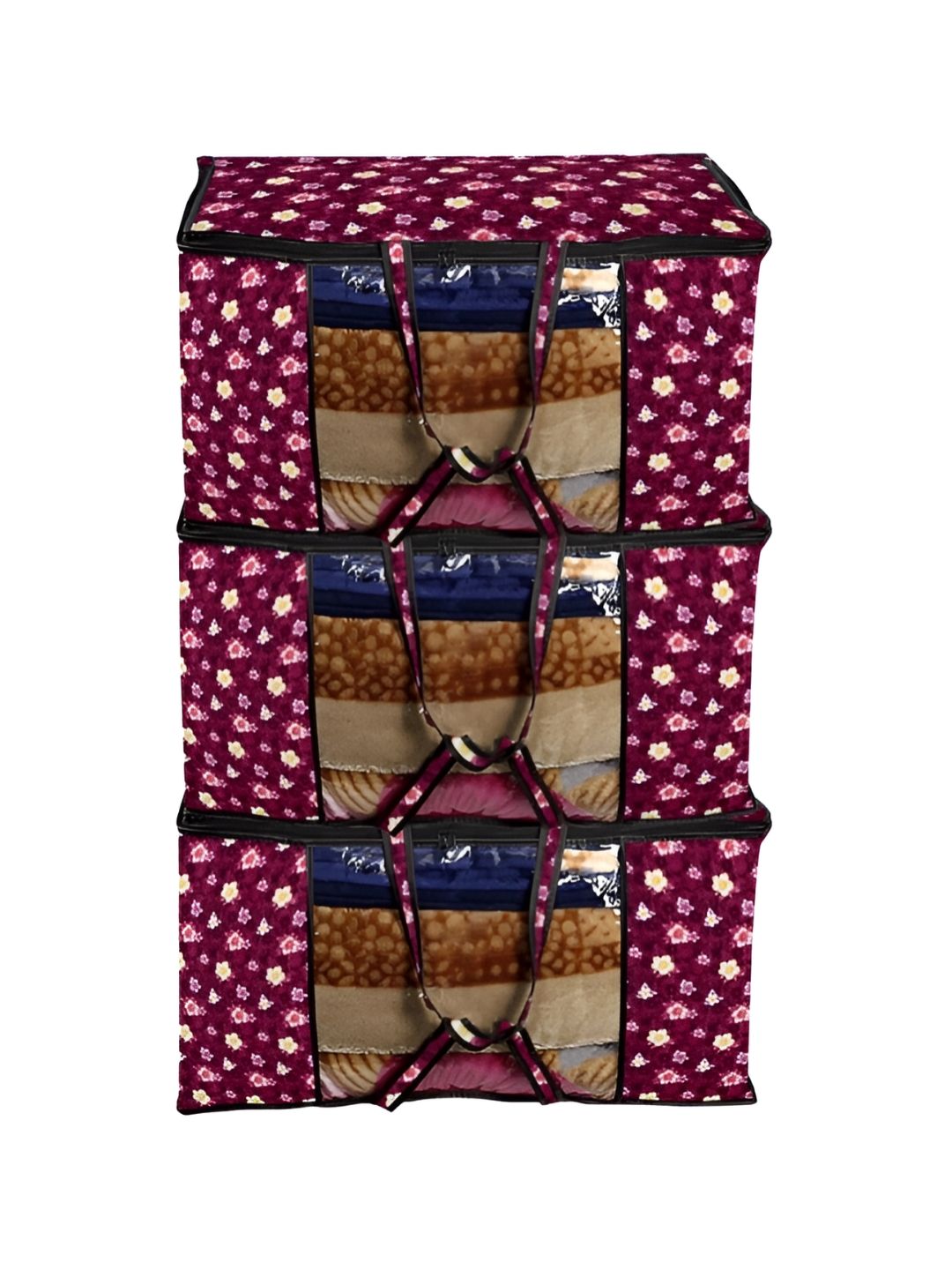 Stylista Maroon & Red 3 Pieces Floral Printed Water Resistant Blanket Storage Organisers