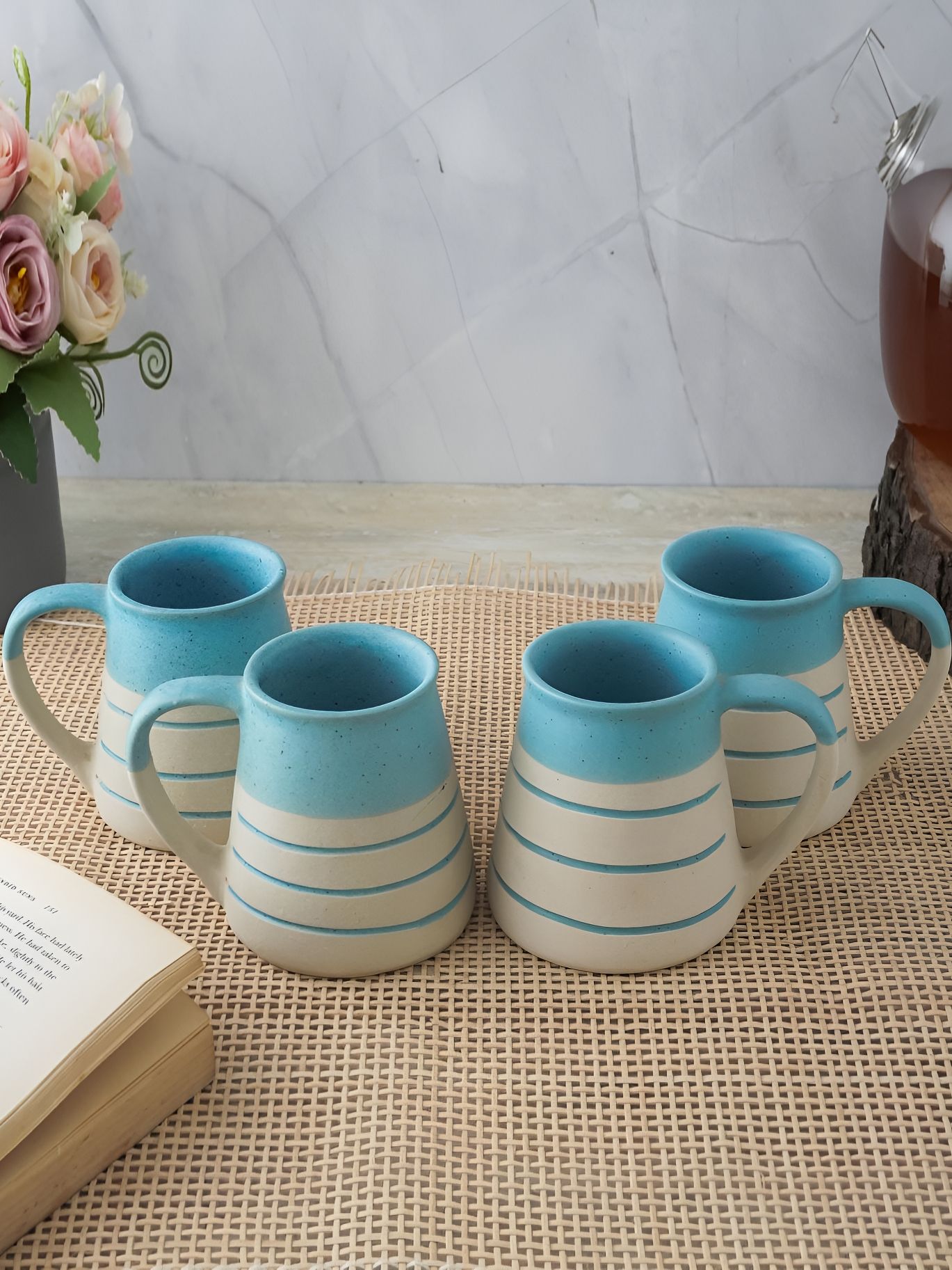 The Decor Mart White & Blue 4 Pieces Printed Ceramic Matte Mugs 300ml Each