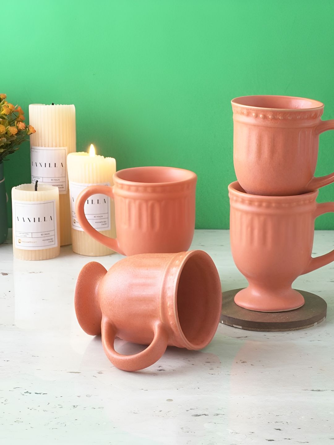 The Decor Mart Orange Ethnic Motifs Textured Ceramic Matte Mugs Set of Cups and Mugs