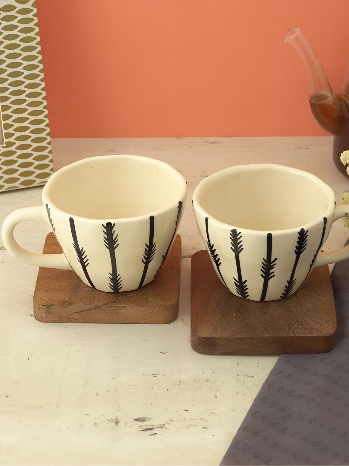 The Decor Mart White & Black 2 Pieces Printed Ceramic Glossy Cups 300ml Each