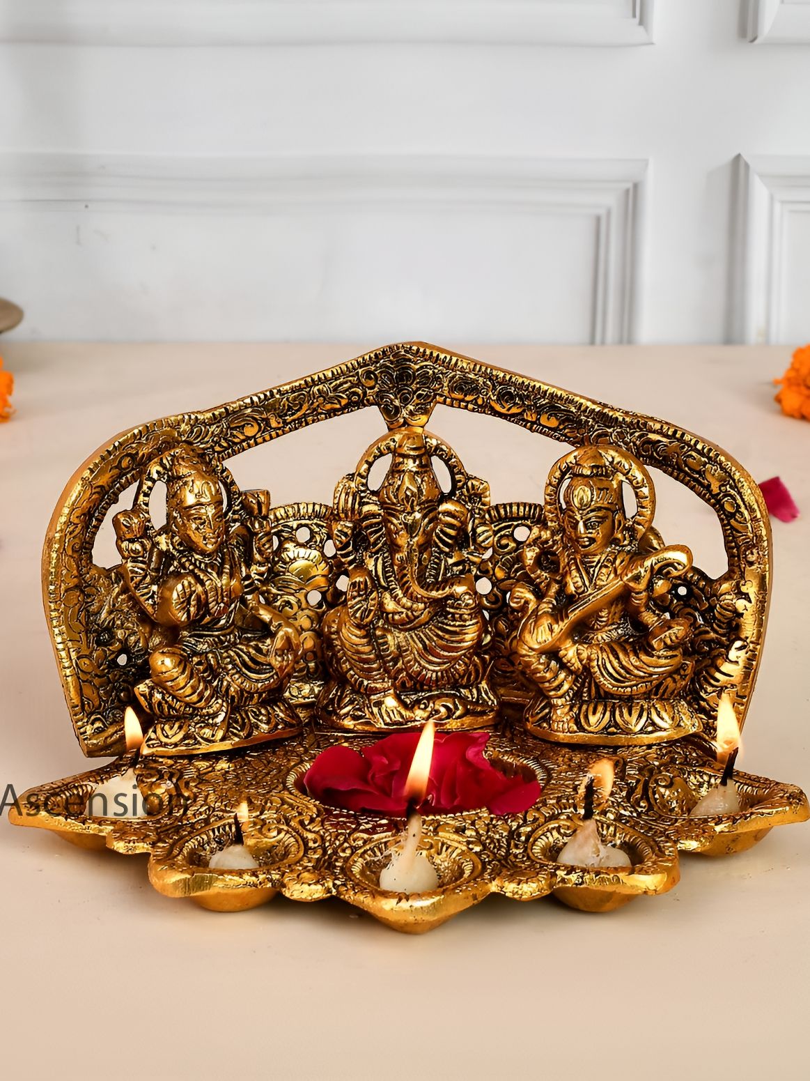 Ascension Laxmi Ganesh Saraswati Gold Metal Metallic Prayer Room Small Showpiece - 5 Inches