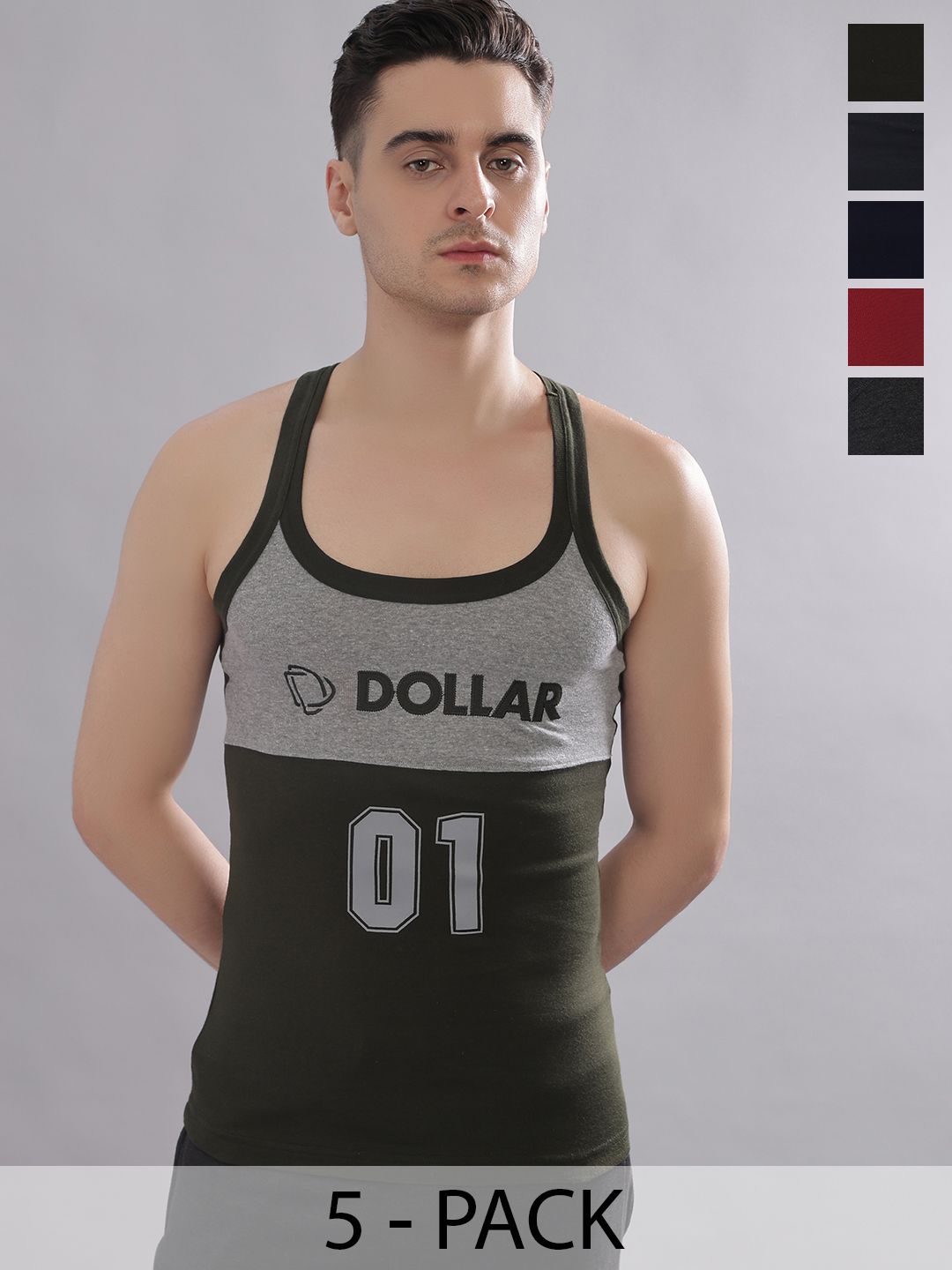 Dollar Bigboss Men Solid Pack of 5 Cotton Racerback Styled Gym Vest