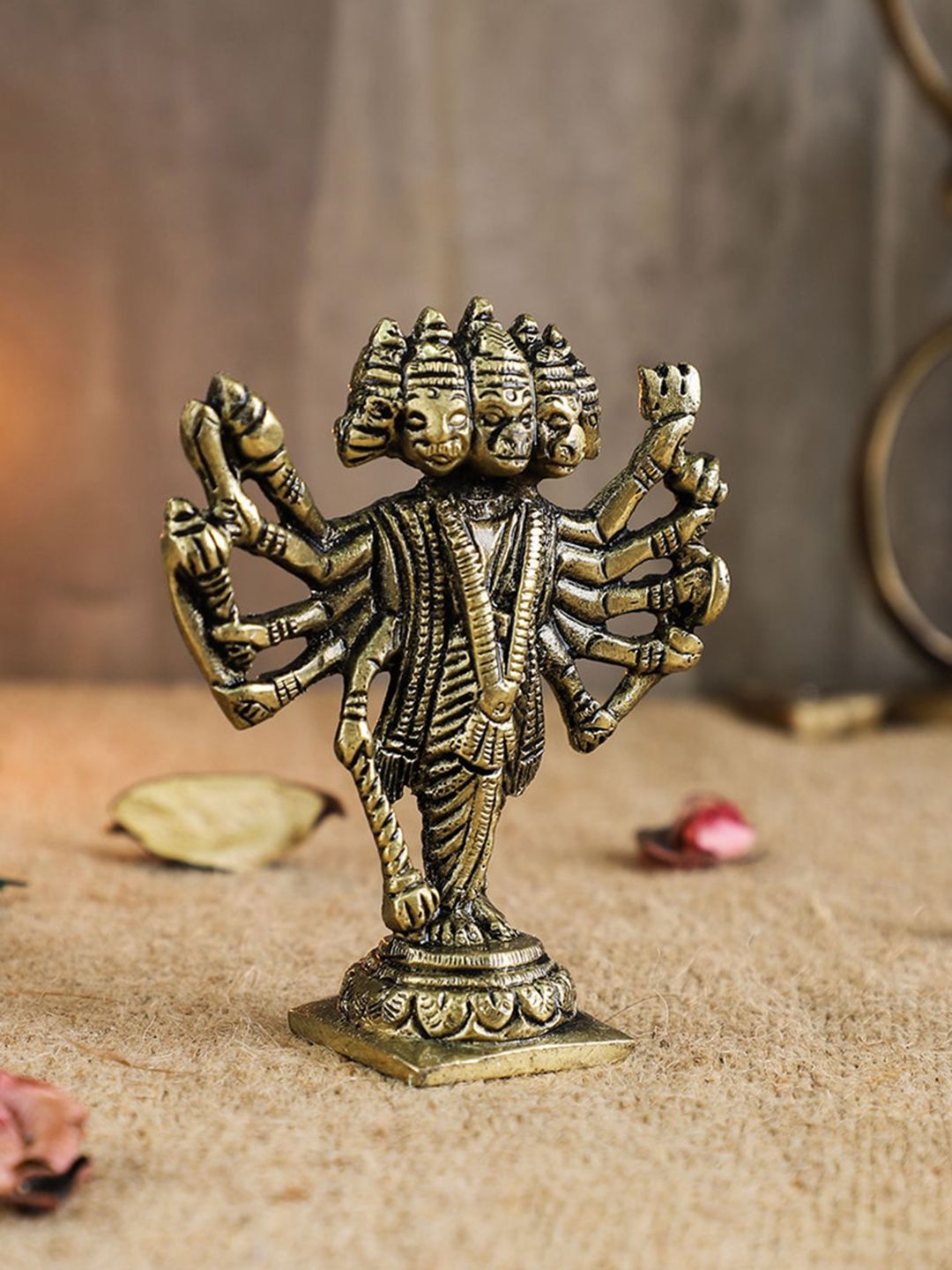 Two Moustaches Standing Panchmukhi Hanuman Gold Brass Metallic Prayer Room Medium Showpiece - 3.4 Inches