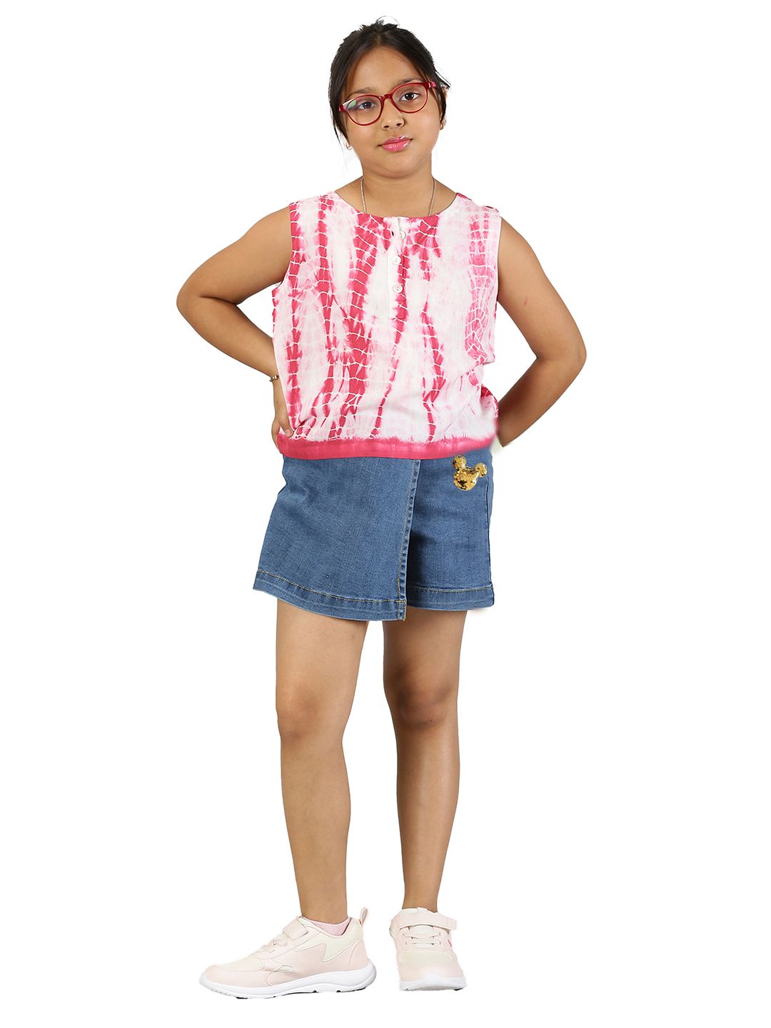 KiddoPanti Girls Dyed Top With Denim Shorts