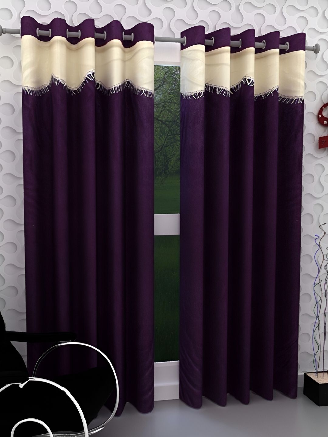 Panipat Textile Hub Purple & Cream 2 Pcs Floral Long Door Curtains