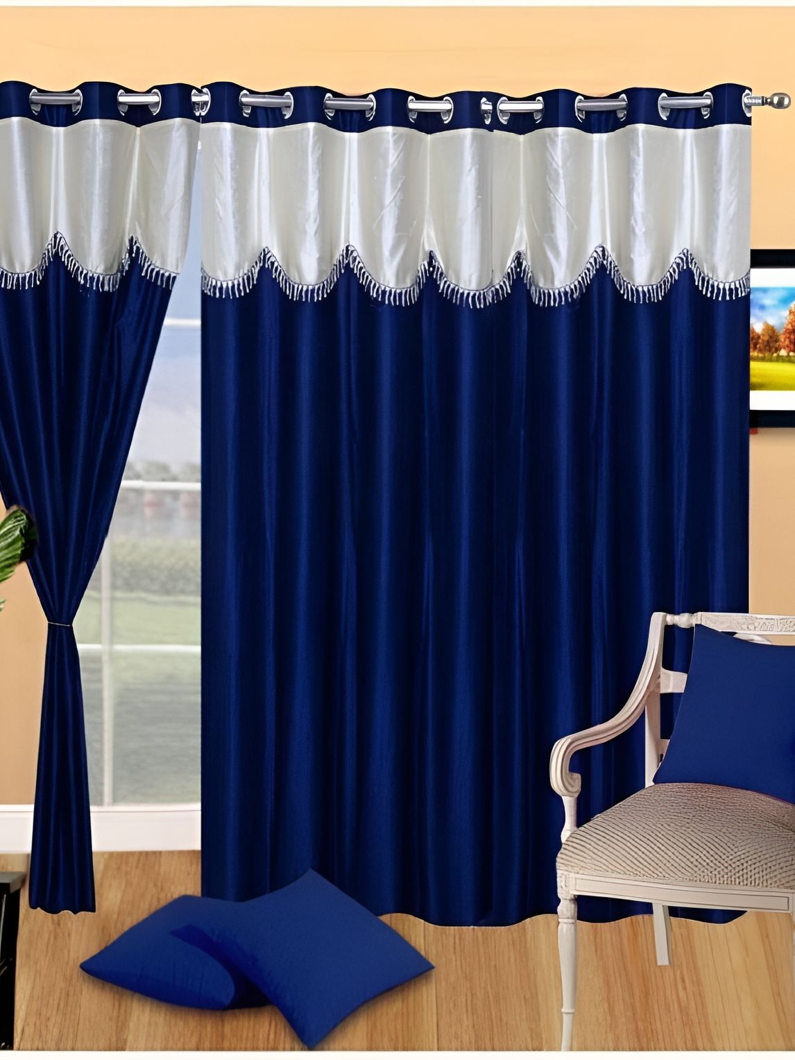 Panipat Textile Hub Blue & White 2 Pieces Long Door Curtains