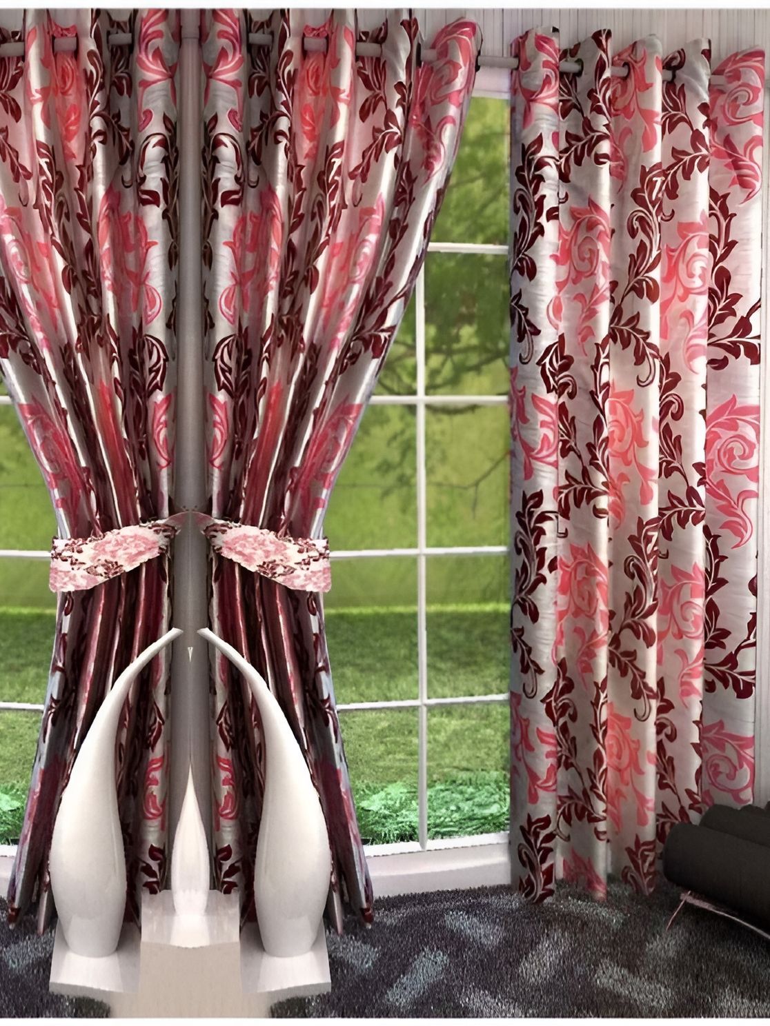 Panipat Textile Hub Panipat Textile Hub Maroon & White 4 Pieces Floral Pieces Long Door Curtain