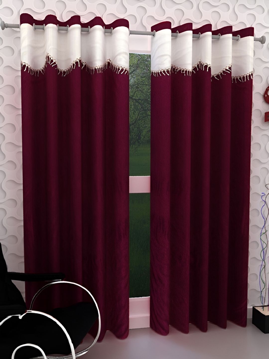 Panipat Textile Hub Maroon & White 2 Pcs Door Curtain