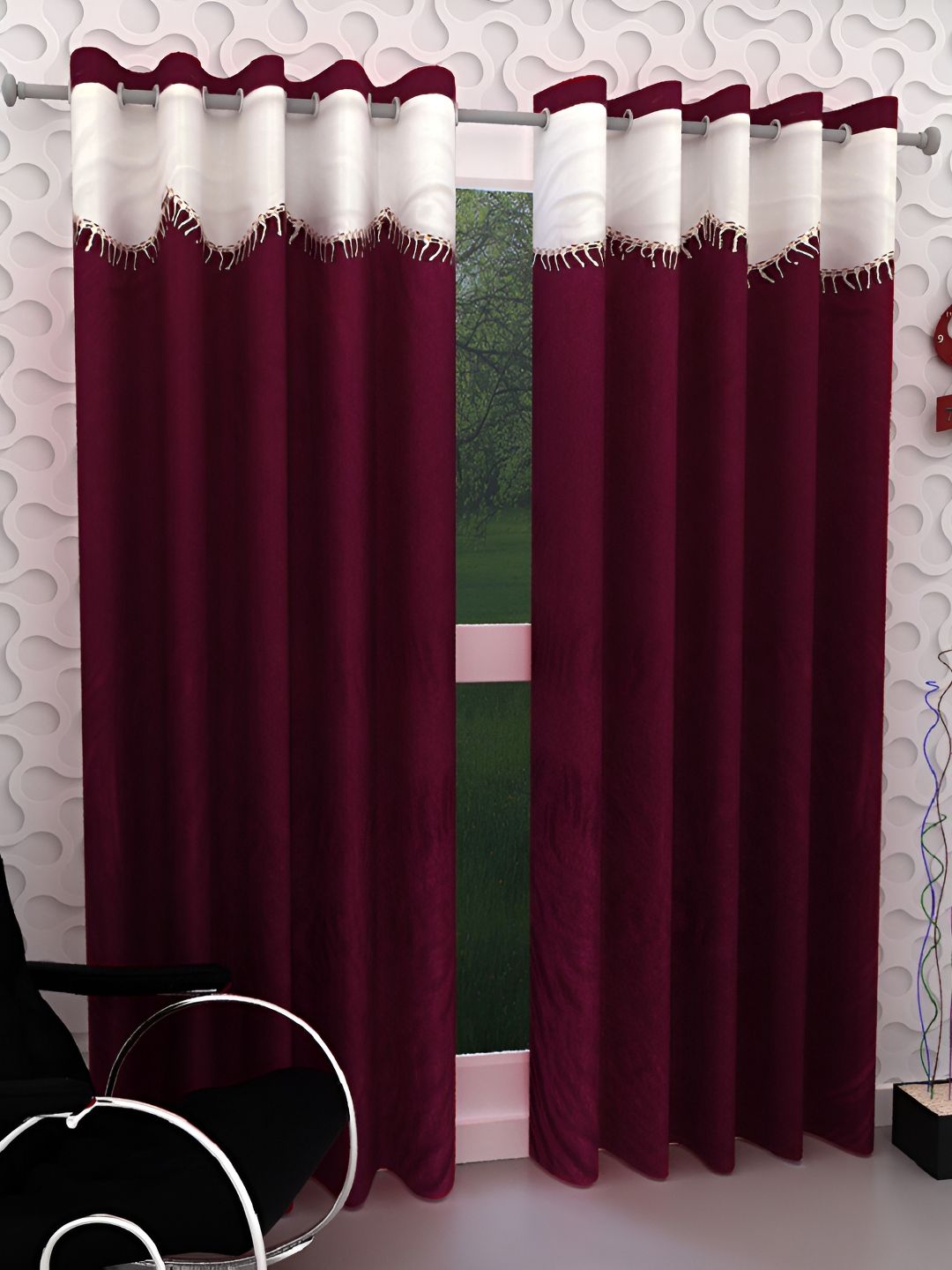 Panipat Textile Hub Maroon & White 2 Pieces Room Darkening Long Door Curtain