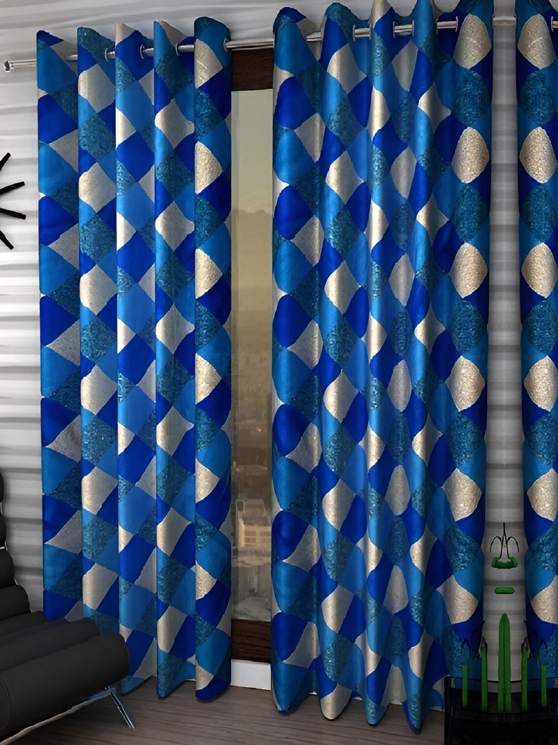 Panipat Textile Hub Blue & White 4 Pieces Geometric Door Curtain