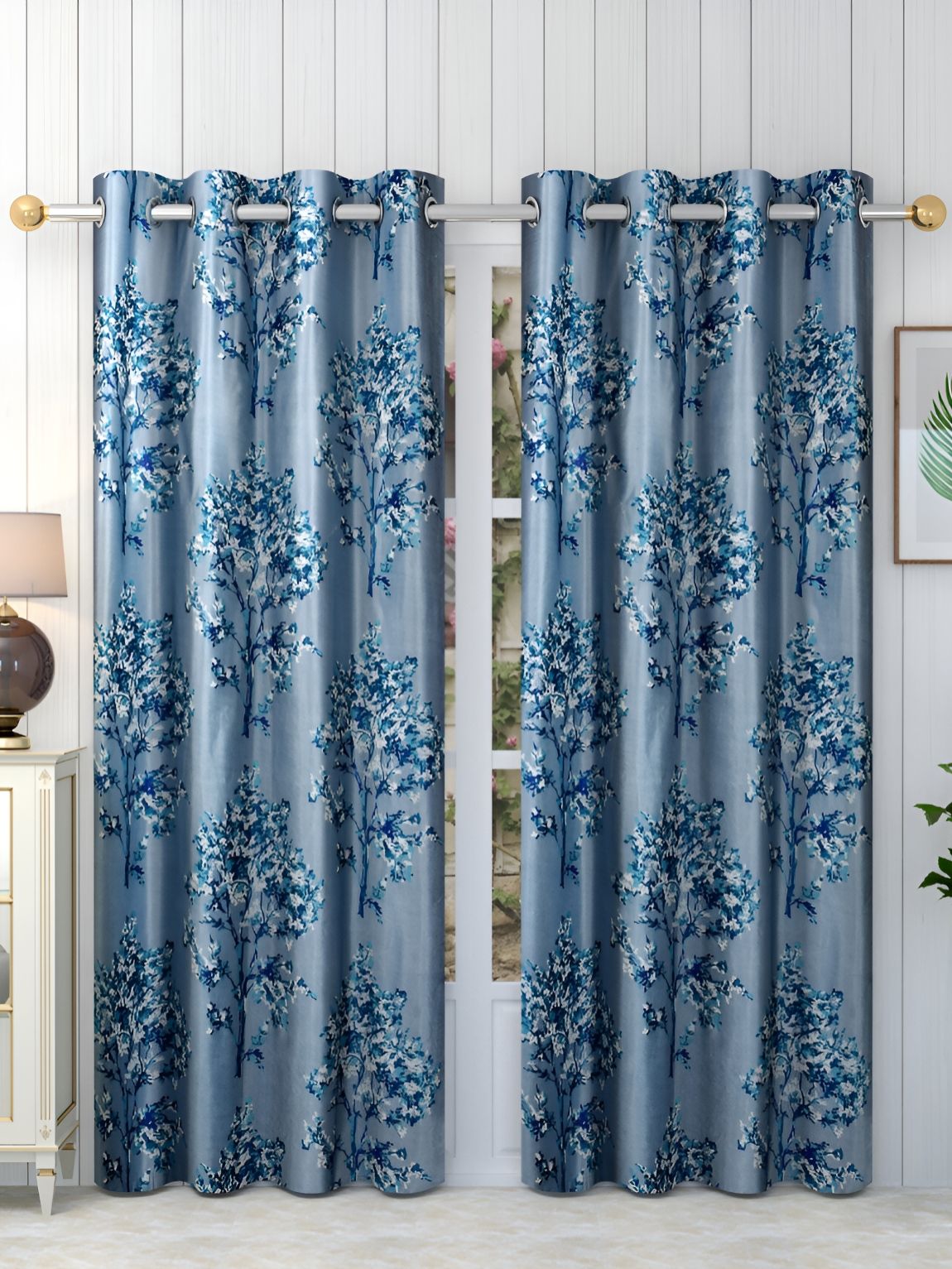 Panipat Textile Hub Blue & White 4 Pieces Floral Printed Door Curtains
