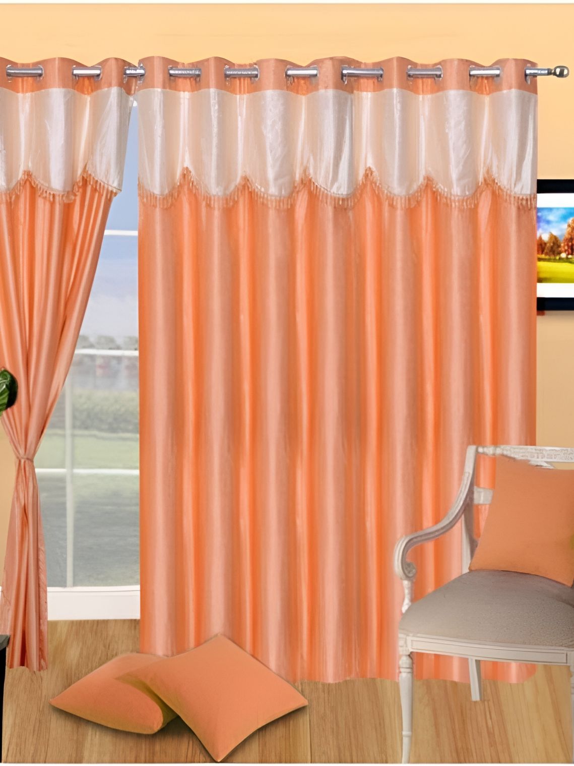 Panipat Textile Hub Orange & Cream 2 Pieces Long Door Curtains