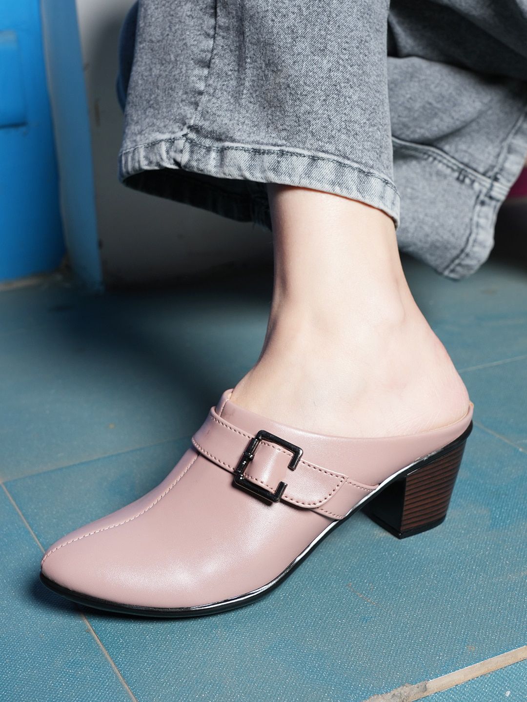 Mast & Harbour Nude Coloured Buckle Detail Block Heel Mules