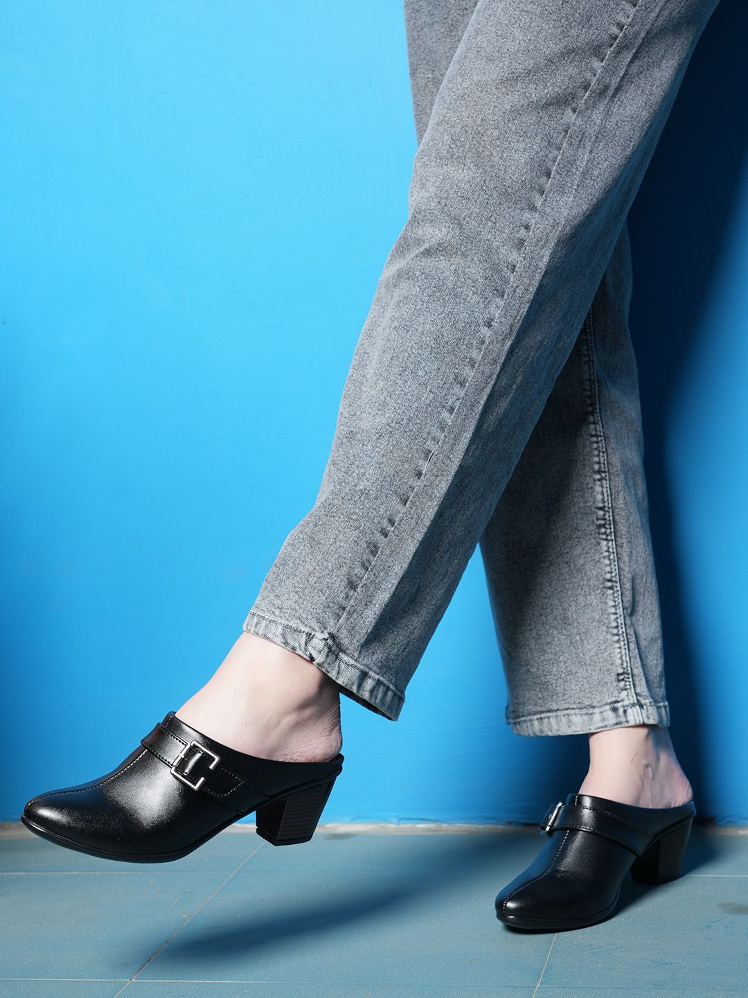 Mast & Harbour Black Buckle Detail Block Heel Mules