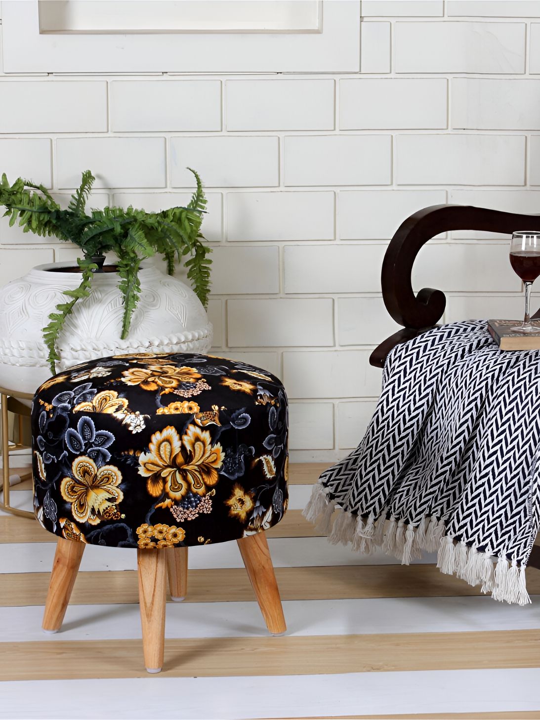 Shadowkart Black & Gold Toned Floral Printed Pouffes Sitting Ottoman