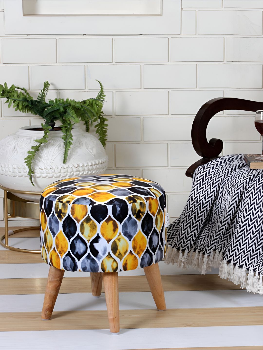 Shadowkart Blue & Yellow Printed Wooden Pouffes Sitting Mudda Ottoman