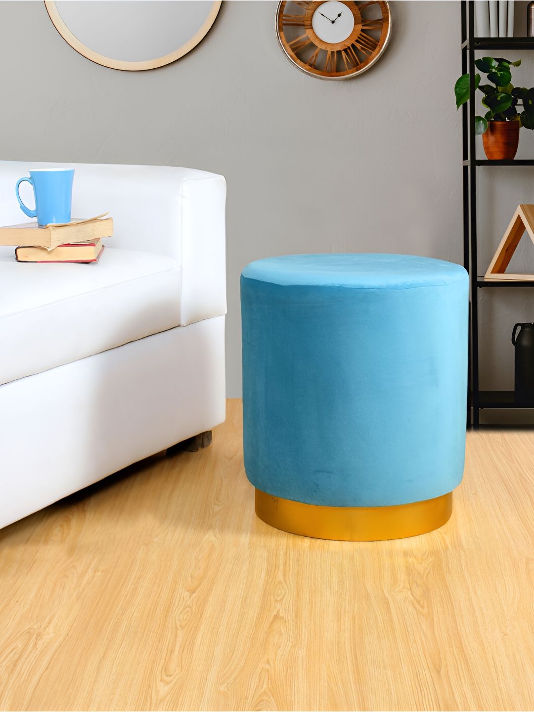 Shadowkart Blue Wooden Round Ottomans