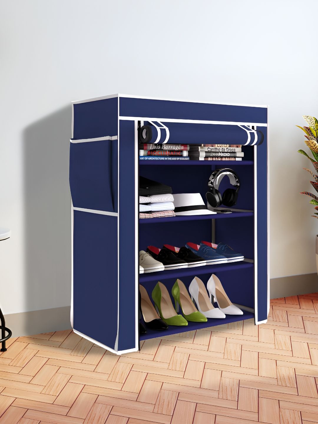 Pamworld Navy Blue Metal 4 Layer Shoe Racks