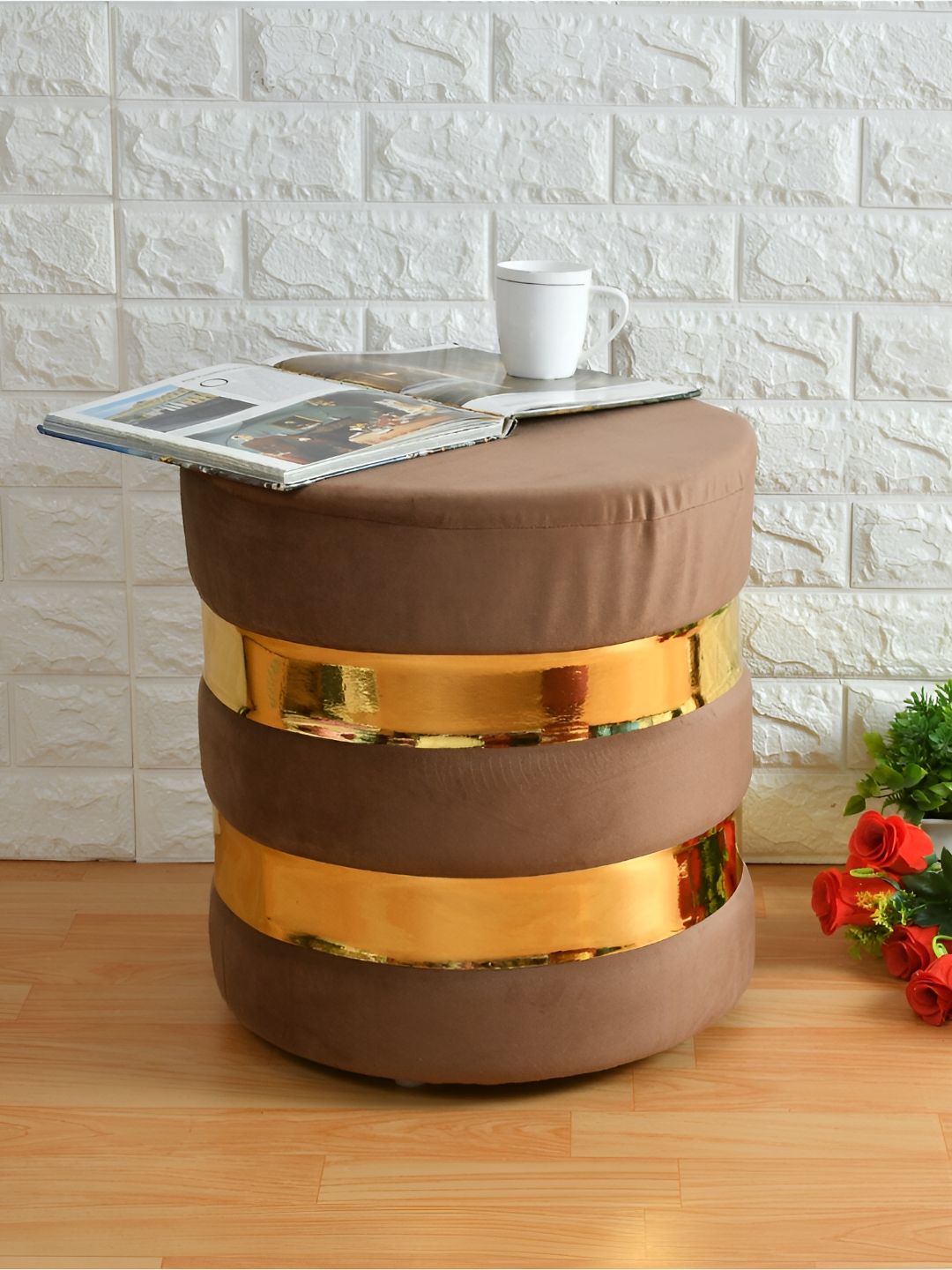 Shadowkart Brown & Gold Toned Pouffes Sitting Mudda Puffies Ottoman